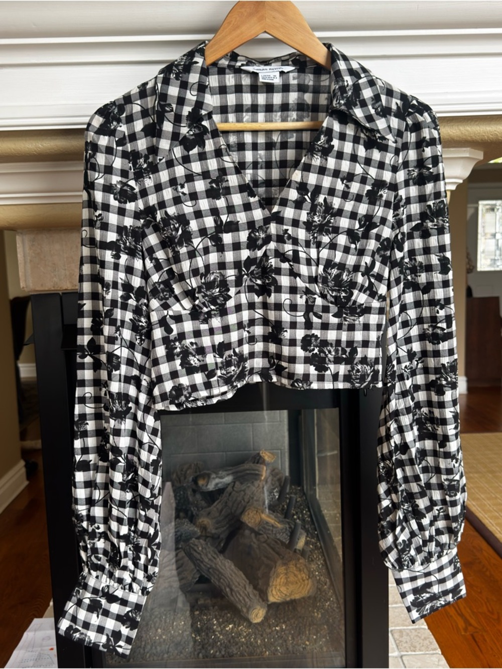 Floral Check V-Neck Puff Sleeve Crop Blouse Dark Academia Cottagecore Top L